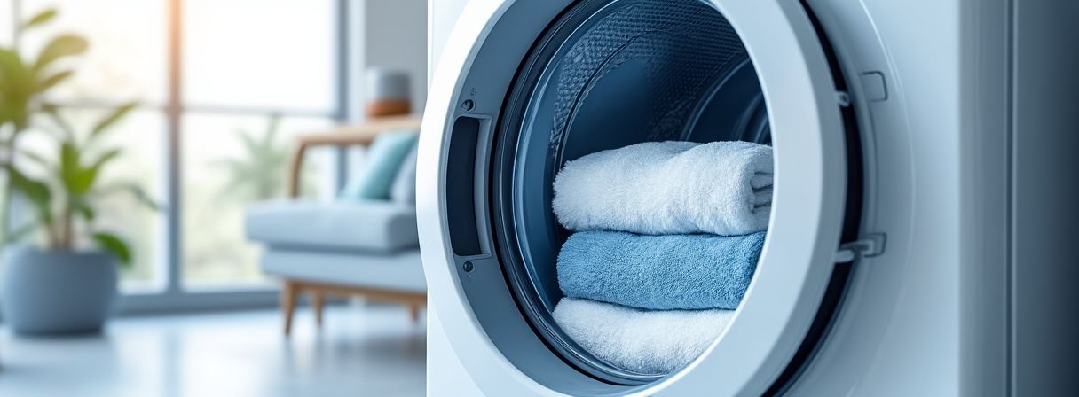 Moderner Wärmepumpentrockner mit geöffneter Tür und gefalteten Handtüchern